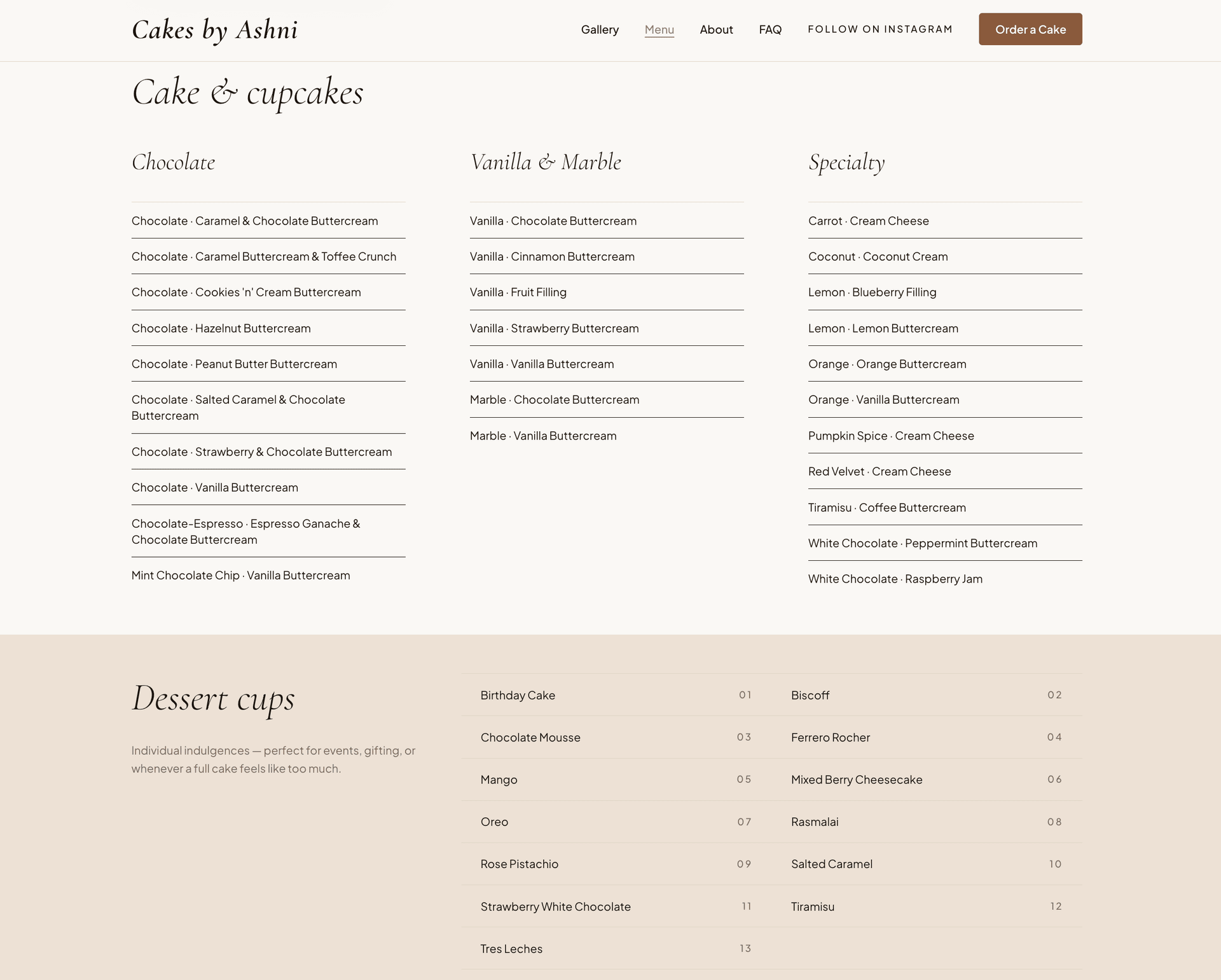 Menu page showing cake options and ordering details