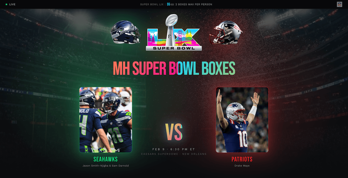 Super Bowl Boxes landing page showing Seahawks vs Patriots matchup